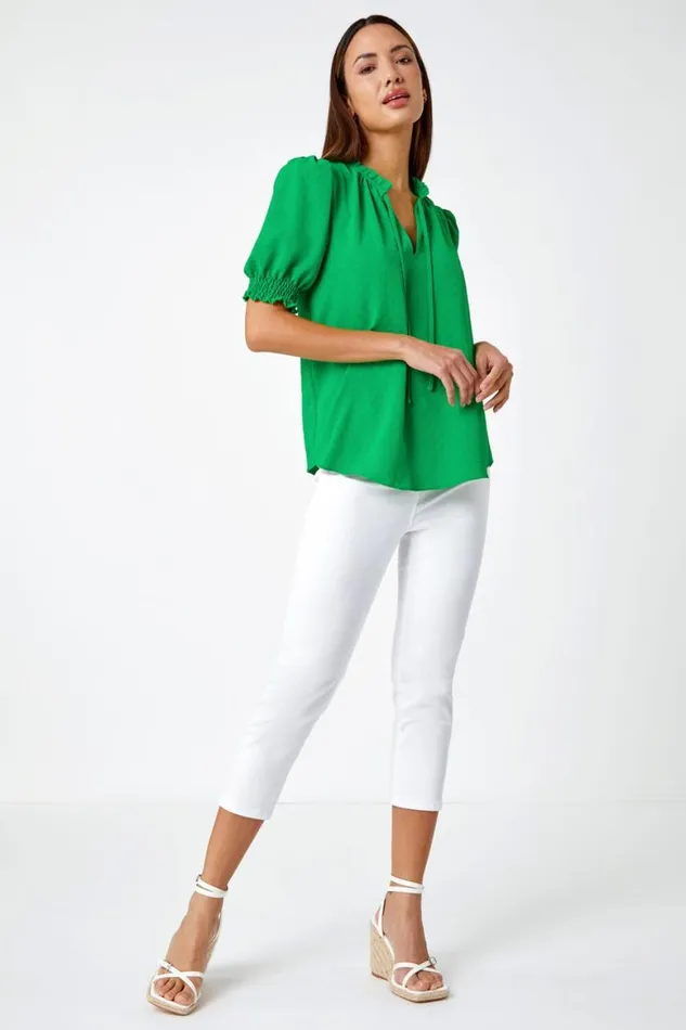 Women Green Frill Neck Plain Tie Detail Top Roman Tops