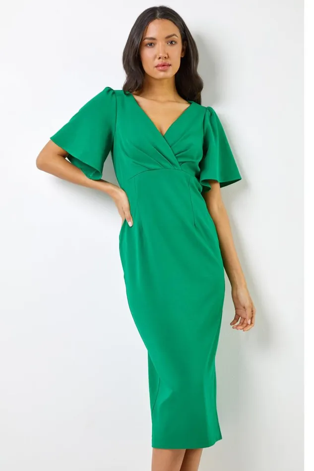 Women Green Gathered Wrap Front Midi Dress Roman Dresses