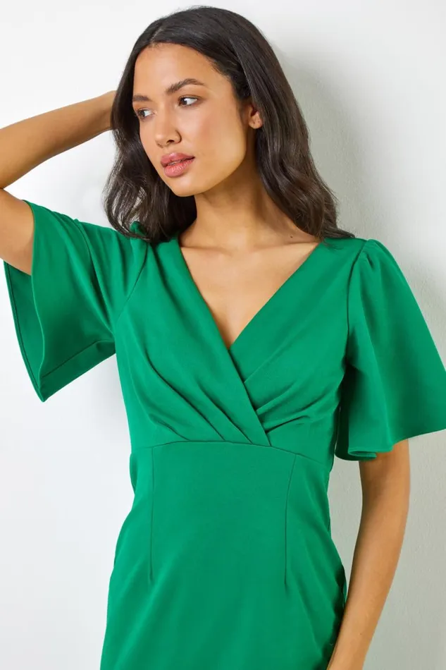 Women Green Gathered Wrap Front Midi Dress Roman Dresses