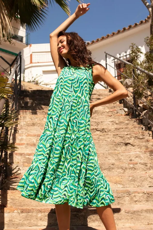Women Green Geometric Sleeveless Smock Dress Roman Dresses