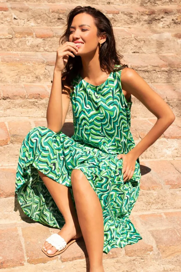 Women Green Geometric Sleeveless Smock Dress Roman Dresses