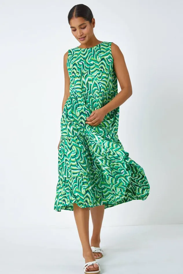 Women Green Geometric Sleeveless Smock Dress Roman Dresses