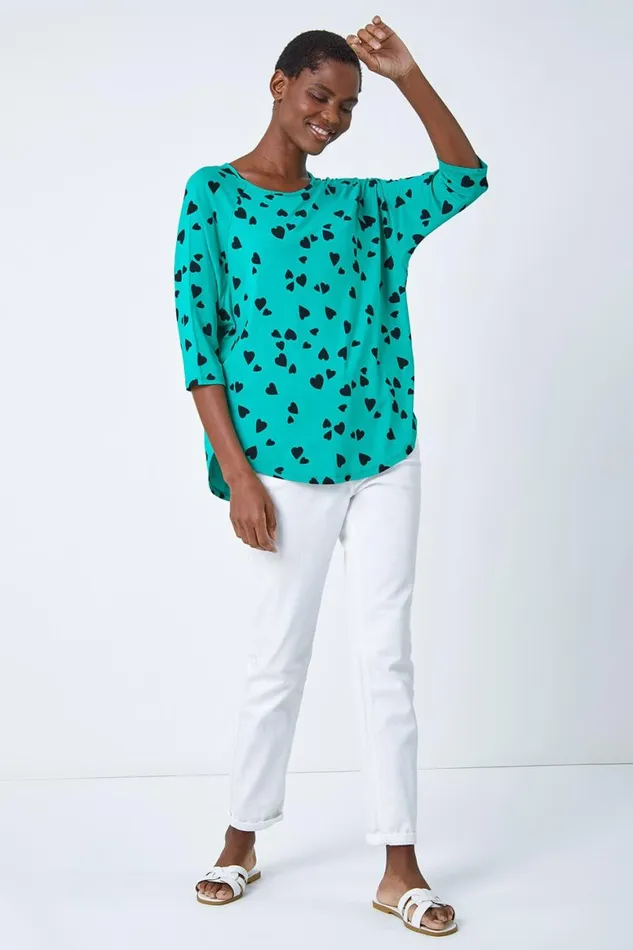 Women Green Heart Print Blouson Top Roman Tops