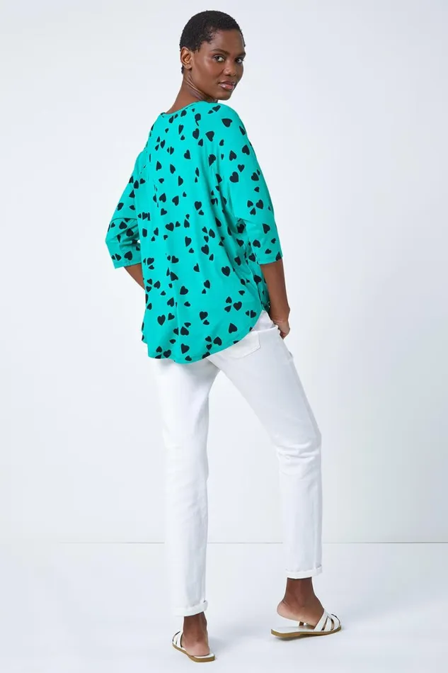 Women Green Heart Print Blouson Top Roman Tops