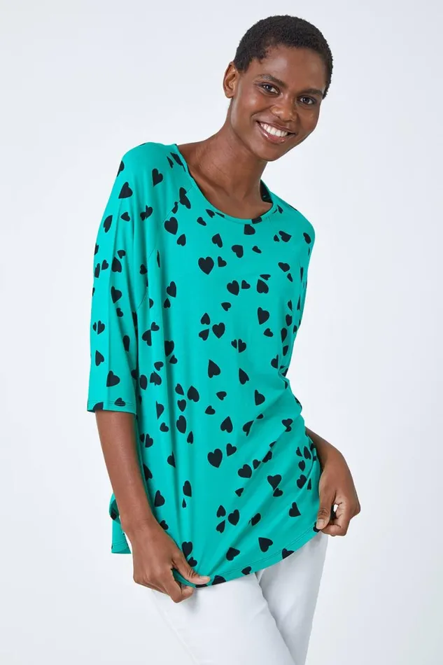 Women Green Heart Print Blouson Top Roman Tops