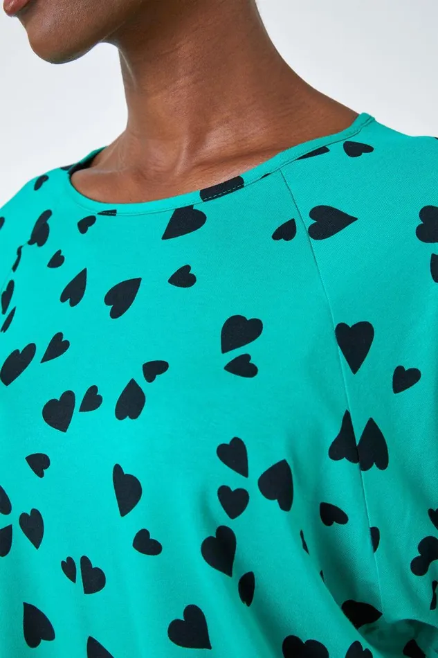 Women Green Heart Print Blouson Top Roman Tops