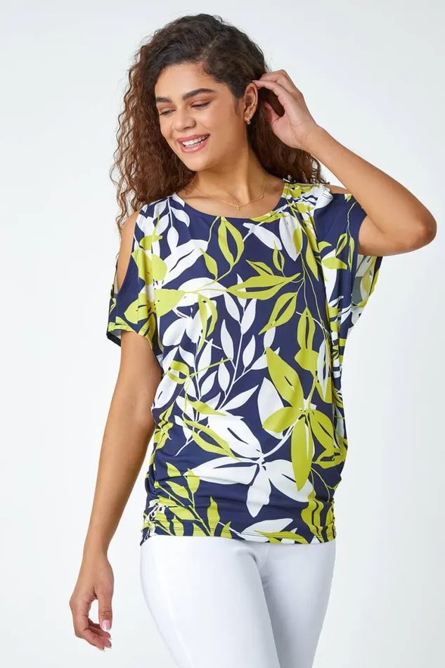 Women Green Leaf Print Ruched Cold Shoulder Top Roman Tops