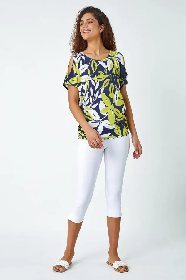 Women Green Leaf Print Ruched Cold Shoulder Top Roman Tops