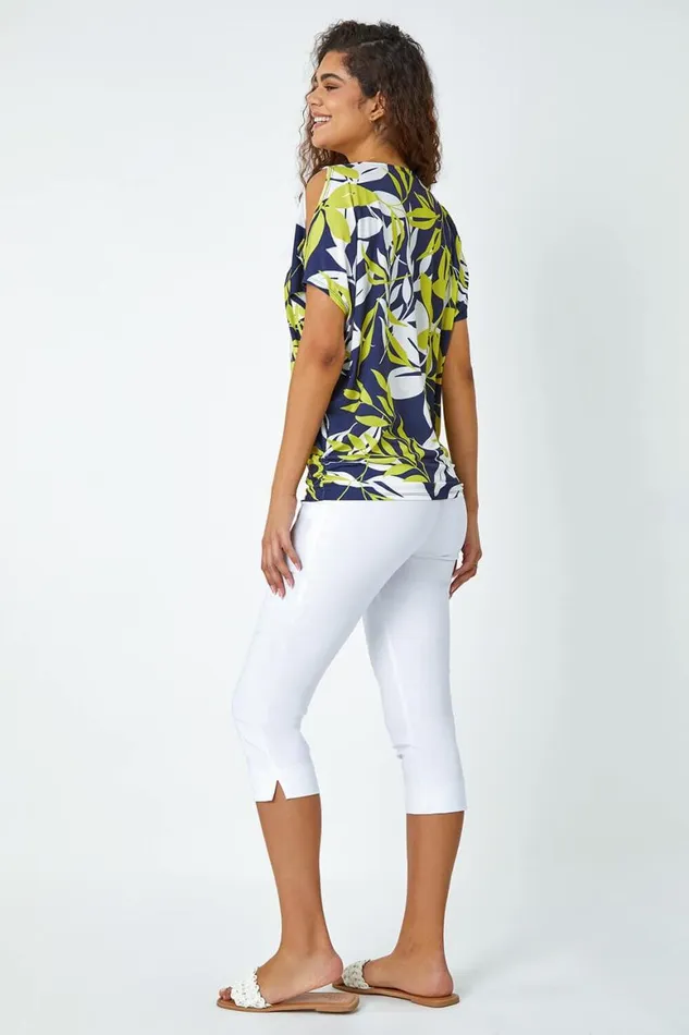 Women Green Leaf Print Ruched Cold Shoulder Top Roman Tops