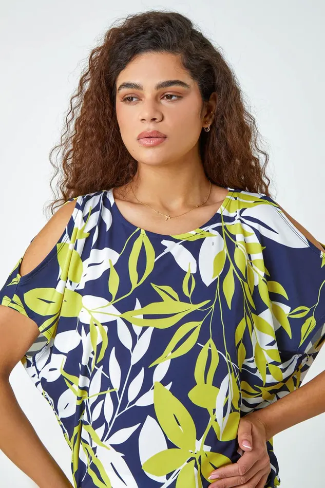 Women Green Leaf Print Ruched Cold Shoulder Top Roman Tops