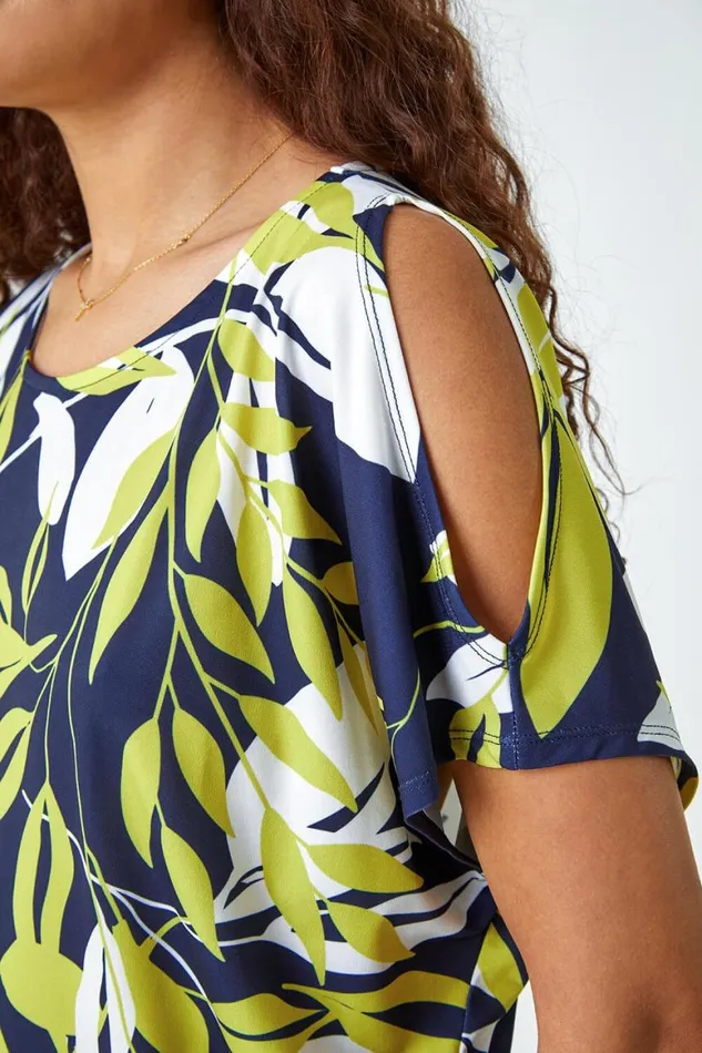 Women Green Leaf Print Ruched Cold Shoulder Top Roman Tops