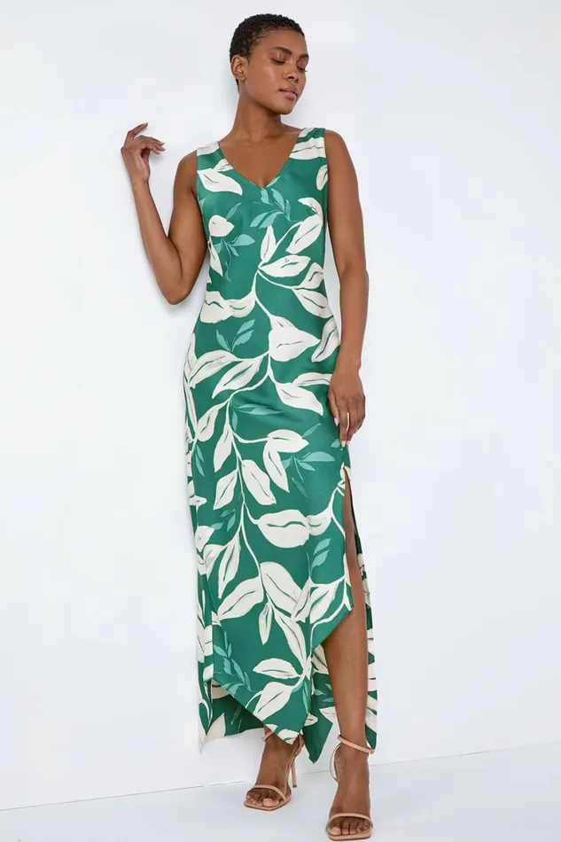 Women Green Leaf Print Satin Midi Dress Roman Dresses