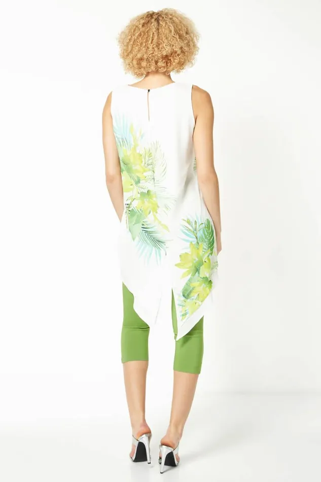 Women Green Leaf Print Sleeveless Chiffon Tunic Top Roman Tops