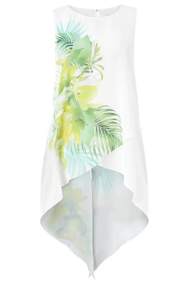 Women Green Leaf Print Sleeveless Chiffon Tunic Top Roman Tops