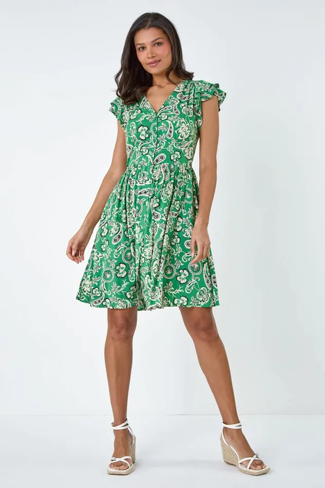 Women Green Paisley Floral Print Frill Dress Roman Dresses