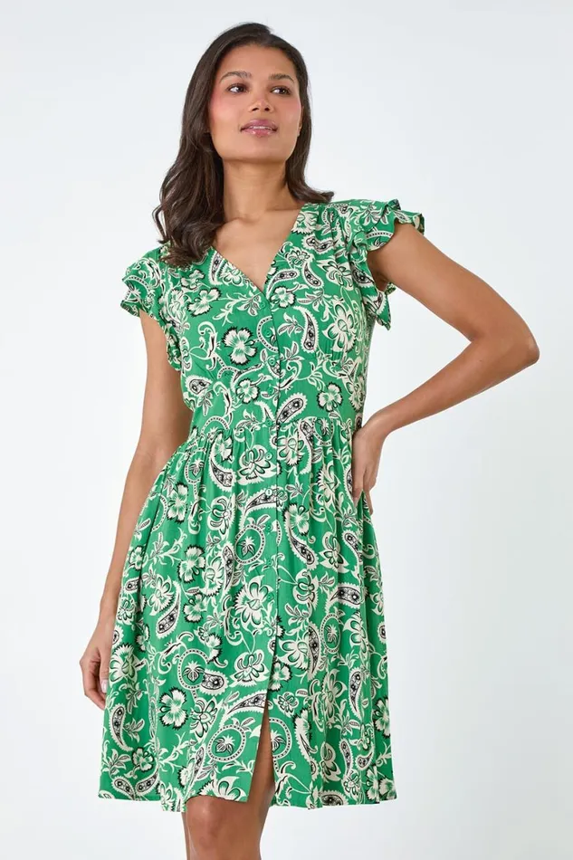 Women Green Paisley Floral Print Frill Dress Roman Dresses