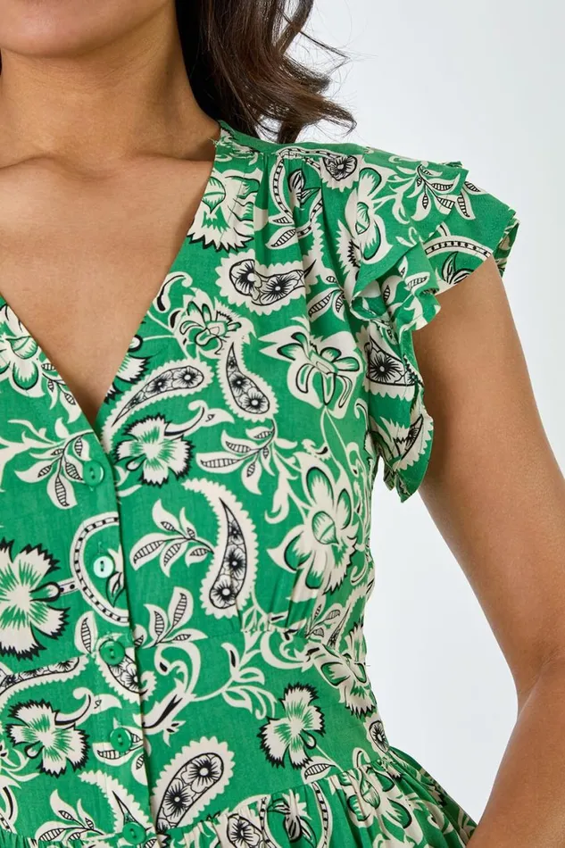 Women Green Paisley Floral Print Frill Dress Roman Dresses
