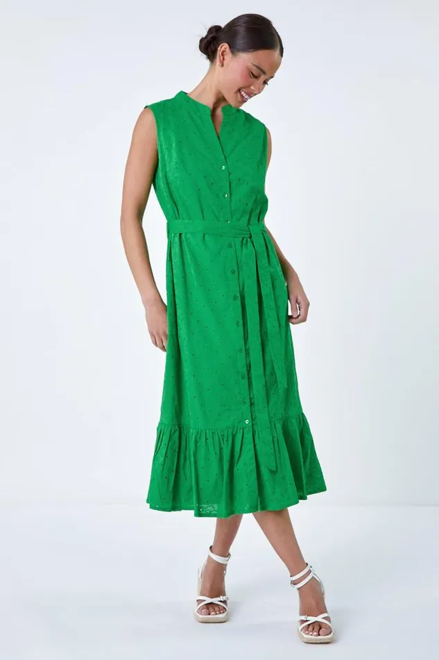 Women Green Petite Cotton Broderie Frill Midi Dress Roman Dresses