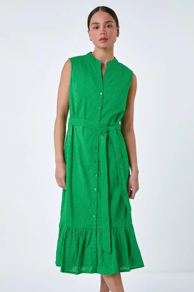 Women Green Petite Cotton Broderie Frill Midi Dress Roman Dresses
