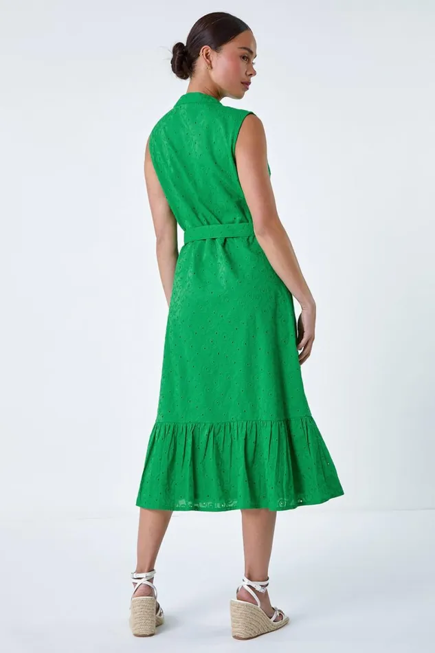 Women Green Petite Cotton Broderie Frill Midi Dress Roman Dresses