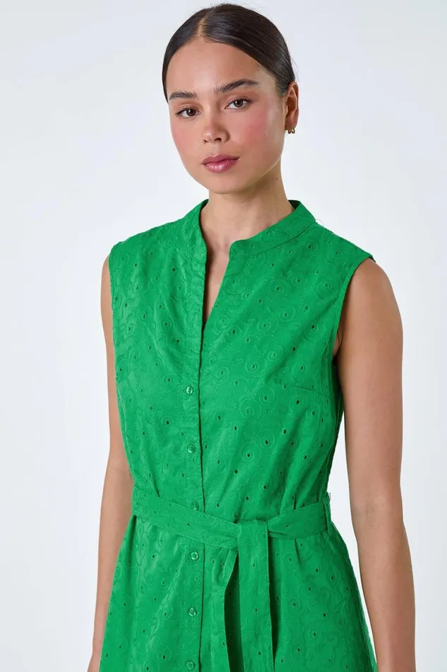 Women Green Petite Cotton Broderie Frill Midi Dress Roman Dresses