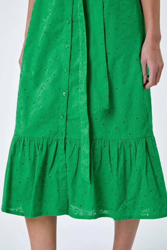 Women Green Petite Cotton Broderie Frill Midi Dress Roman Dresses
