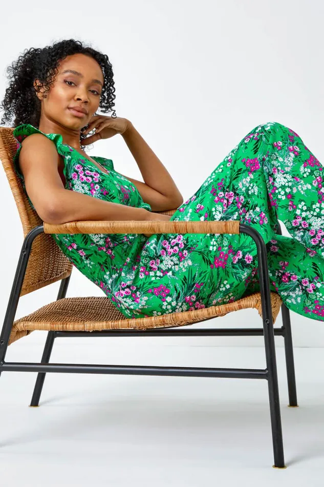 Women Green Petite Ditsy Floral Stretch Jumpsuit Roman Dresses