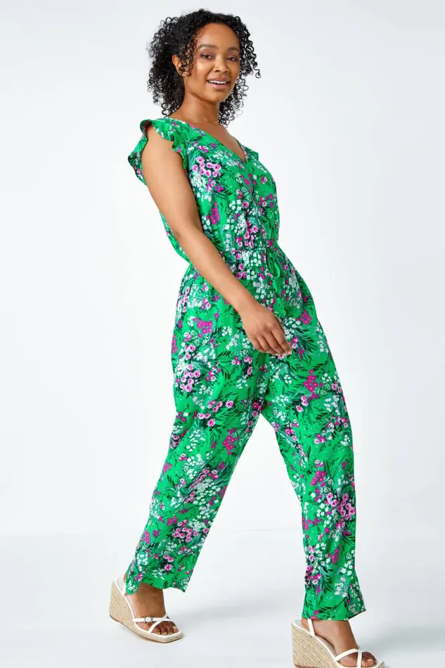 Women Green Petite Ditsy Floral Stretch Jumpsuit Roman Dresses