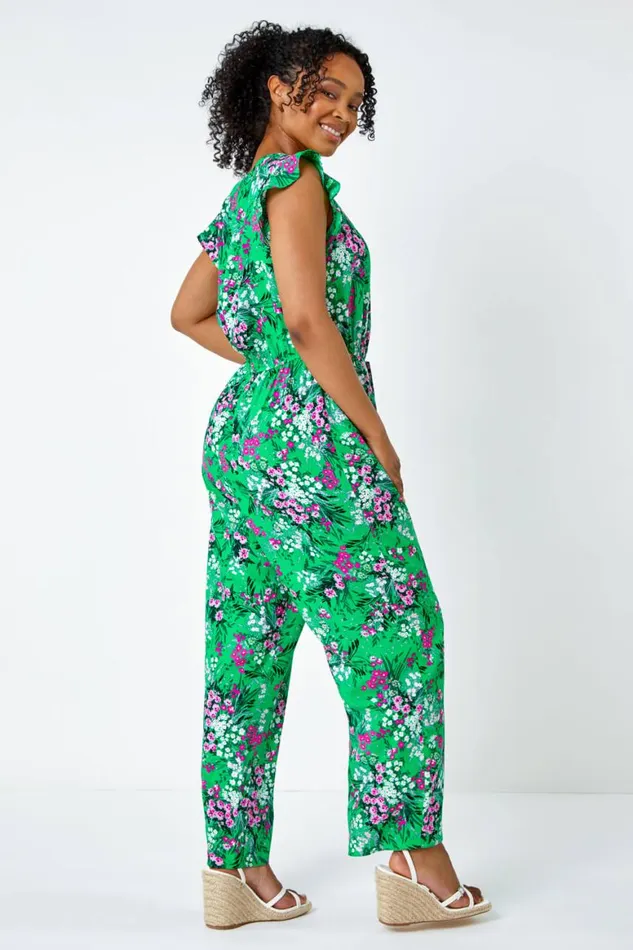 Women Green Petite Ditsy Floral Stretch Jumpsuit Roman Dresses