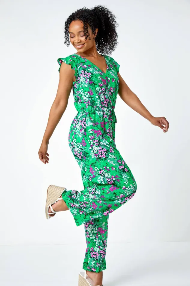 Women Green Petite Ditsy Floral Stretch Jumpsuit Roman Dresses