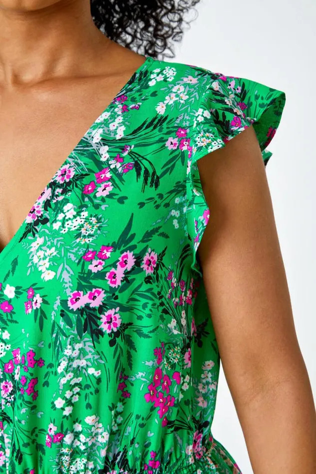 Women Green Petite Ditsy Floral Stretch Jumpsuit Roman Dresses