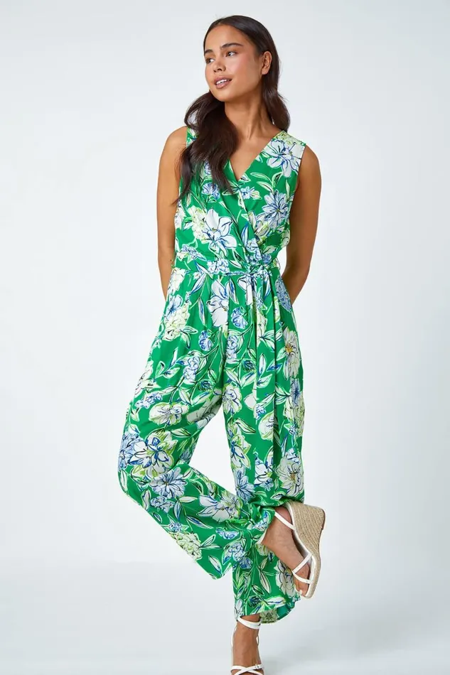 Women Green Petite Floral Stretch Wrap Jumpsuit Roman Dresses