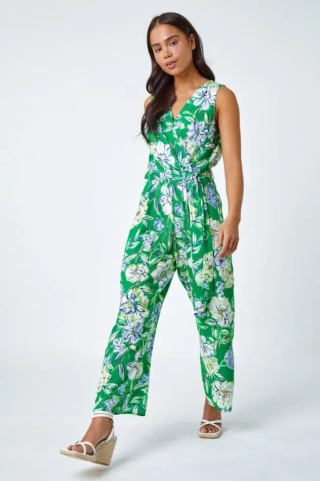 Women Green Petite Floral Stretch Wrap Jumpsuit Roman Dresses