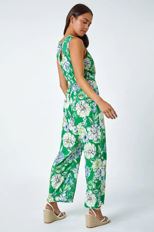 Women Green Petite Floral Stretch Wrap Jumpsuit Roman Dresses