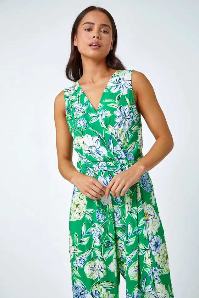 Women Green Petite Floral Stretch Wrap Jumpsuit Roman Dresses
