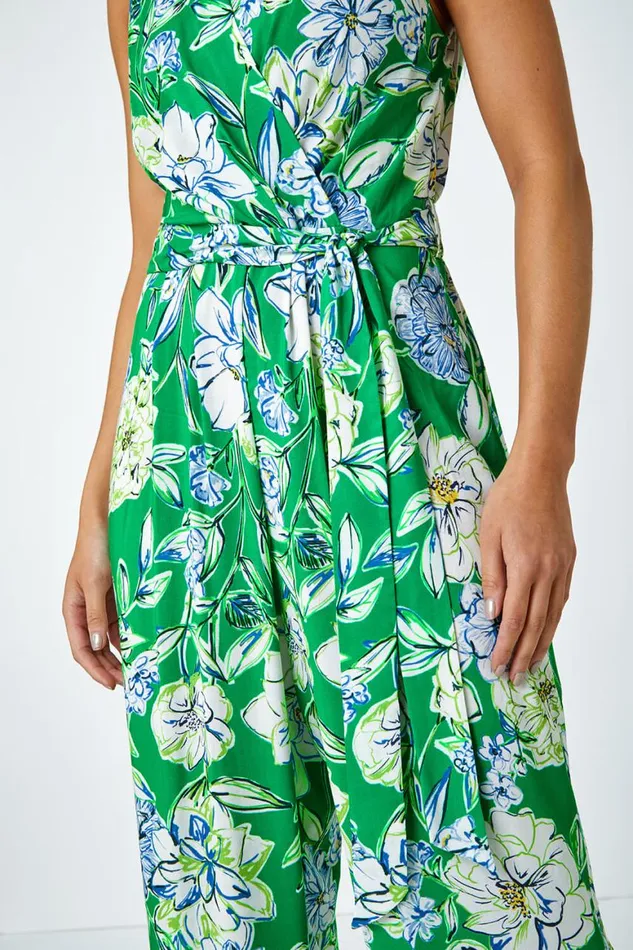 Women Green Petite Floral Stretch Wrap Jumpsuit Roman Dresses