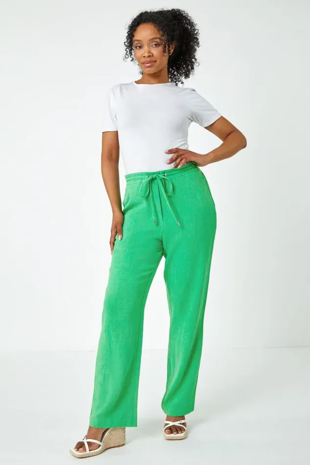 Women Green Petite Linen Elastic Waist Wide Leg Trouser Roman Trousers