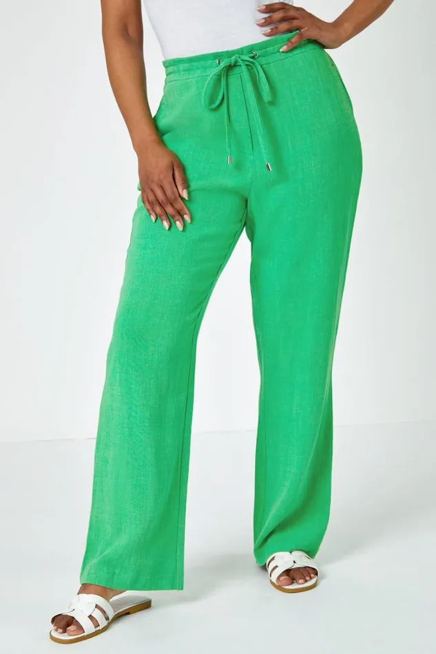 Women Green Petite Linen Elastic Waist Wide Leg Trouser Roman Trousers