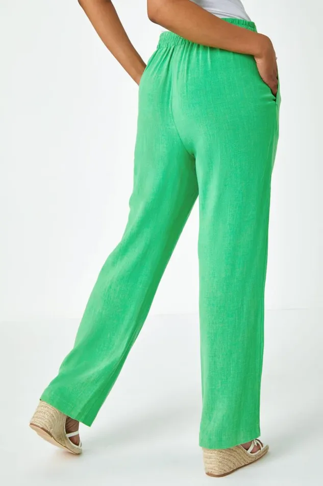 Women Green Petite Linen Elastic Waist Wide Leg Trouser Roman Trousers
