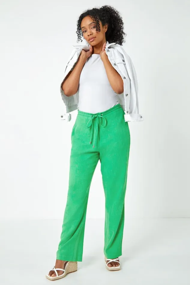 Women Green Petite Linen Elastic Waist Wide Leg Trouser Roman Trousers