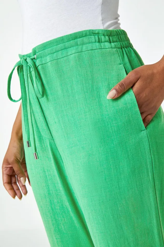 Women Green Petite Linen Elastic Waist Wide Leg Trouser Roman Trousers