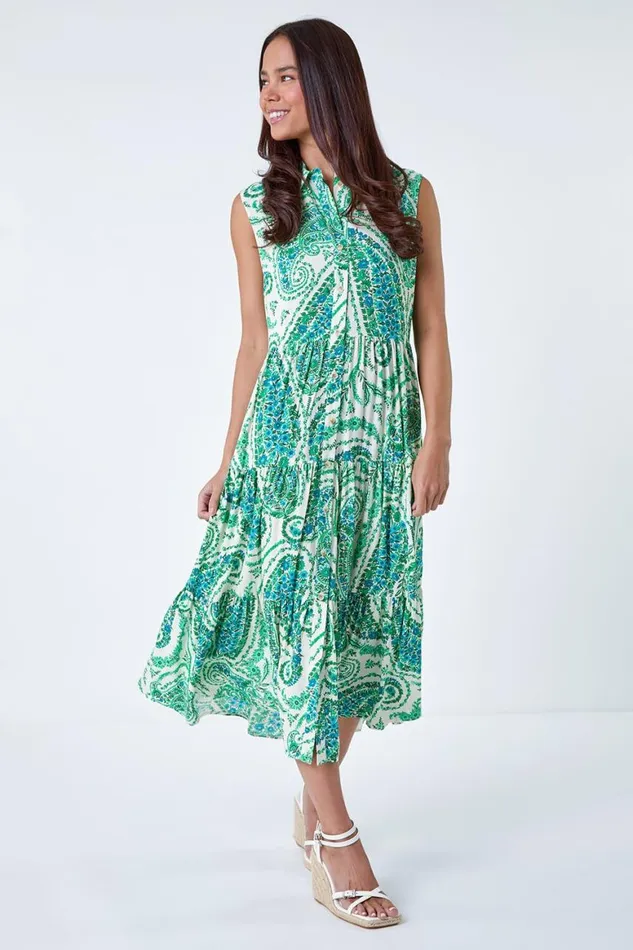 Women Green Petite Paisley Print Midi Shirt Dress Roman Dresses