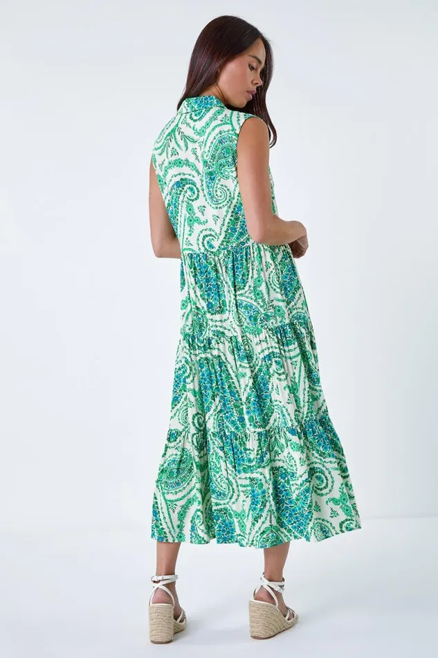 Women Green Petite Paisley Print Midi Shirt Dress Roman Dresses