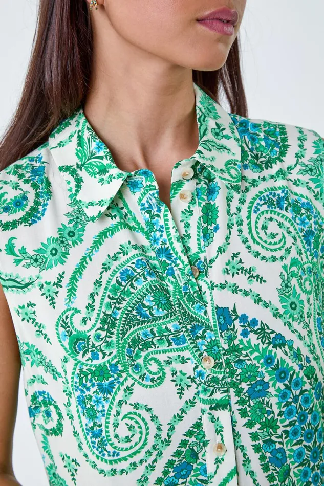 Women Green Petite Paisley Print Midi Shirt Dress Roman Dresses