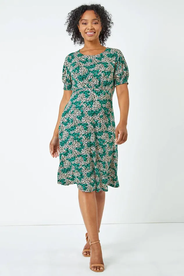 Women Green Petite Shirred Sleeve Floral Dress Roman Dresses