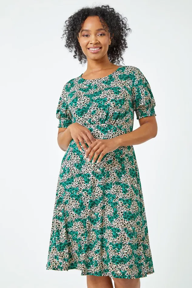 Women Green Petite Shirred Sleeve Floral Dress Roman Dresses