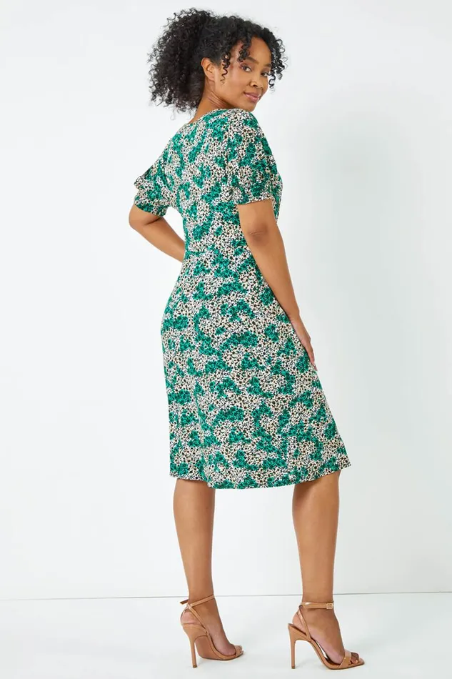 Women Green Petite Shirred Sleeve Floral Dress Roman Dresses