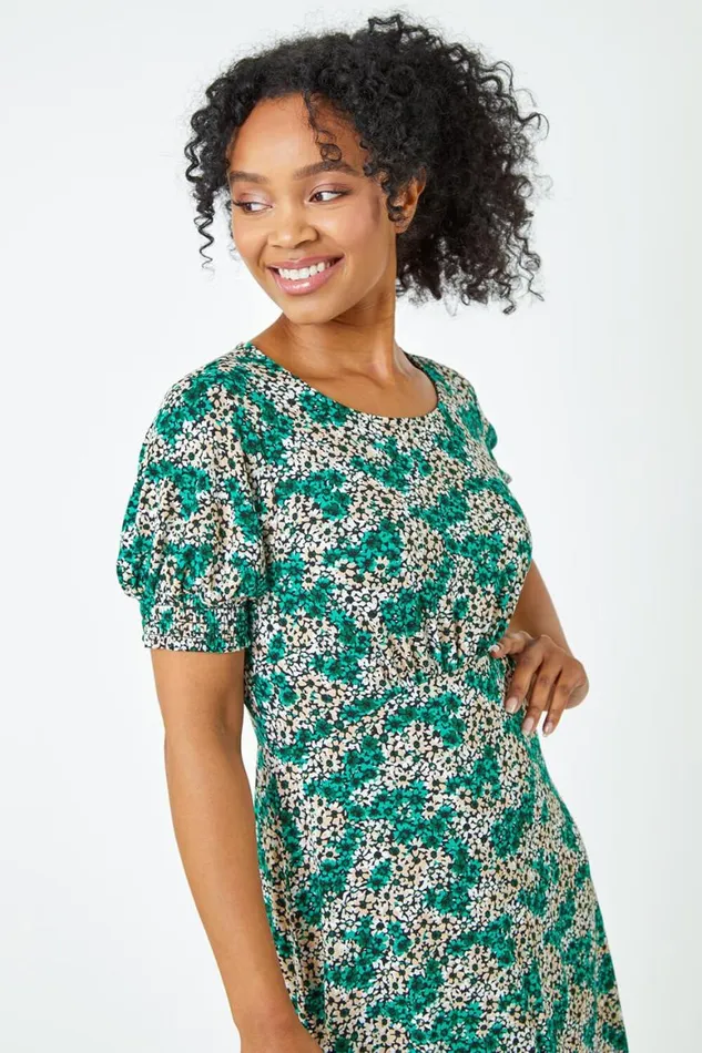 Women Green Petite Shirred Sleeve Floral Dress Roman Dresses