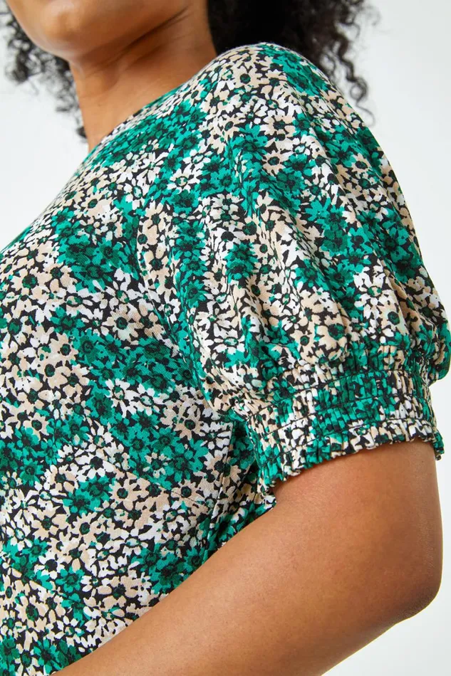 Women Green Petite Shirred Sleeve Floral Dress Roman Dresses