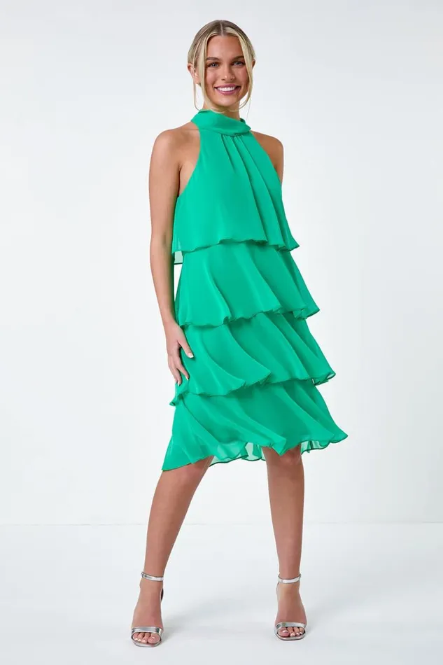 Women Green Petite Tie Neck Tiered Dress Roman Dresses